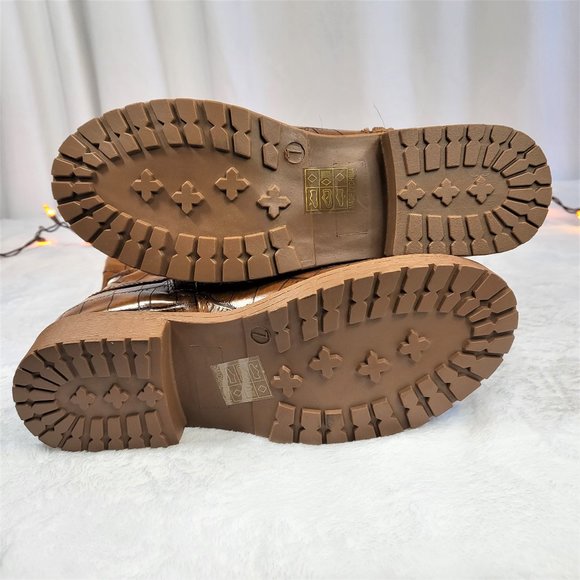 Furry Tan Croc Faux Fur Fold Over Cuff Winter Mid Calf Boots - Picture 6 of 8